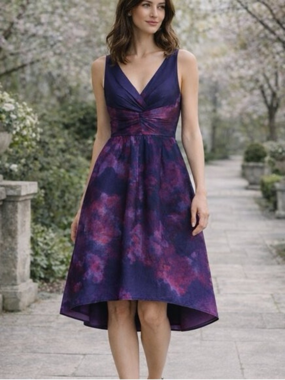 Neiman Marcus Purple and Pink Silk watercolor Floral High-Low Dress Sz 10